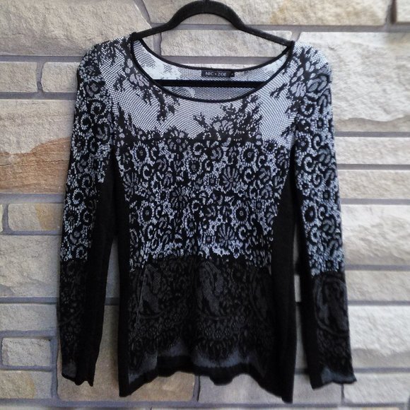 NIC+ZOE Tops - NIC+ZOE Floral Brocade Print Ombre sweater Top Black Grey small